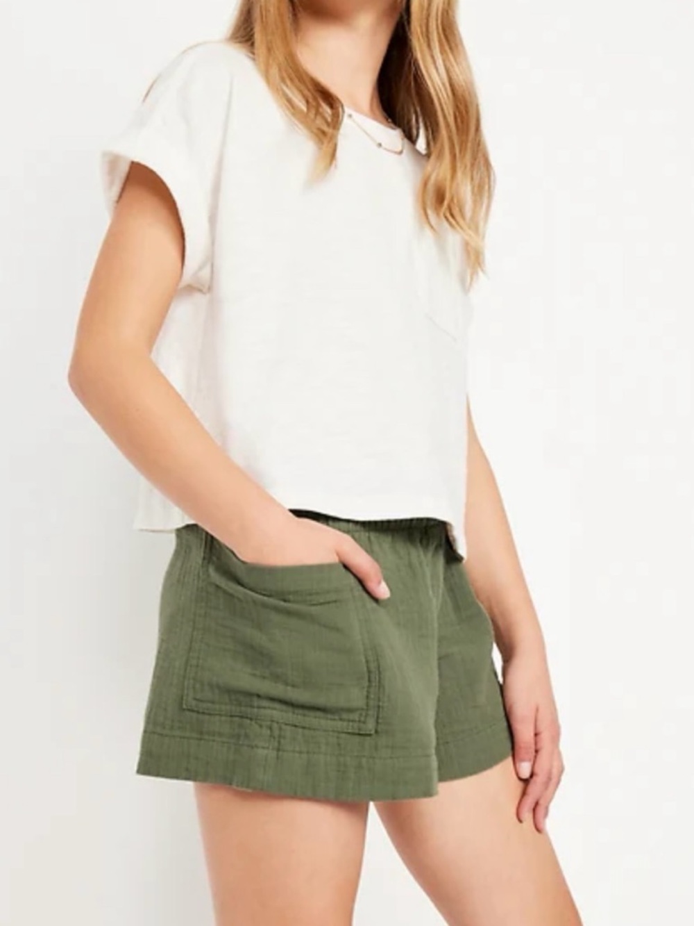NEW! Loose Double-Weave Cotton Utility Shorts | Olive Green | L (10-12)